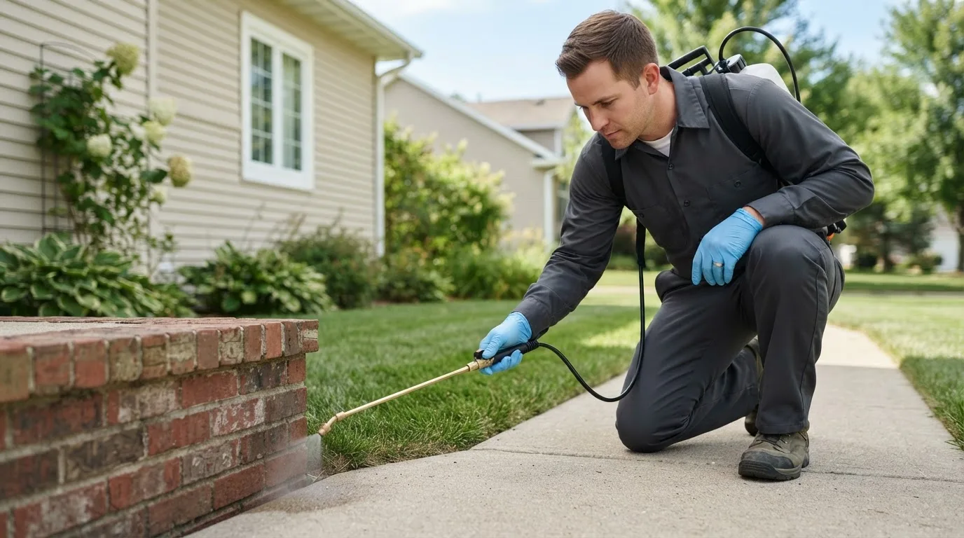Pest control technician treating a home near Nicholasville, KY